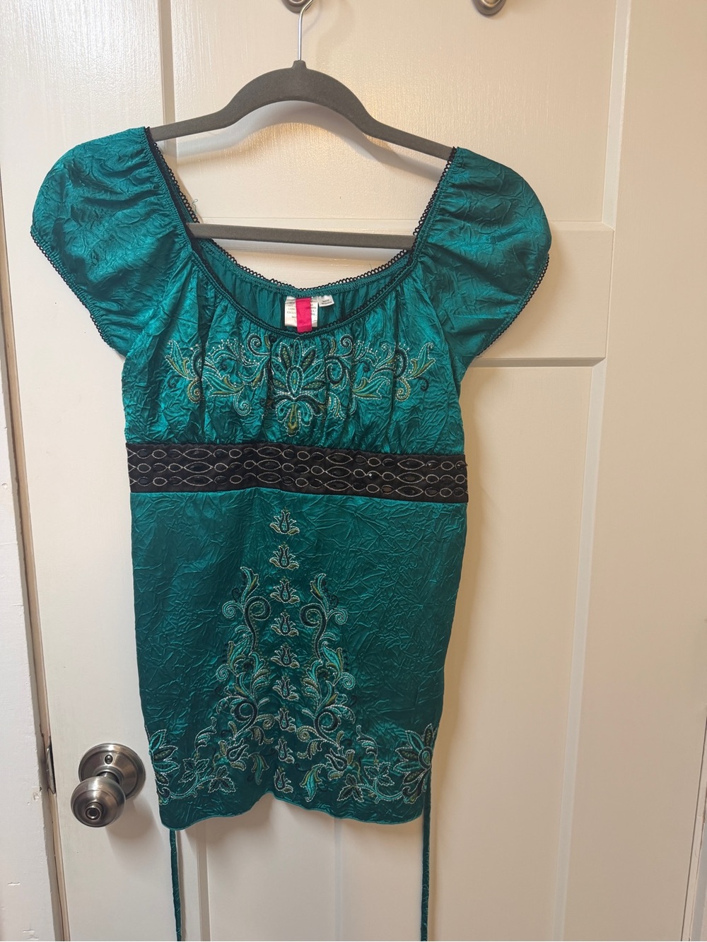 Women's Teal Embroidered Short Sleeve Peasant Top